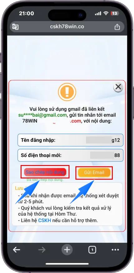 Bước 5 : Sao chép nội dung - Dùng EMAIL đăng ký tài khoản >> Gửi thông tin đã sao chép đến EMAIL của hệ thống >> Chờ xét duyệt trong vài phút